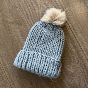 Aritzia Light Blue Knit Beanie with Tan Pom-Pom